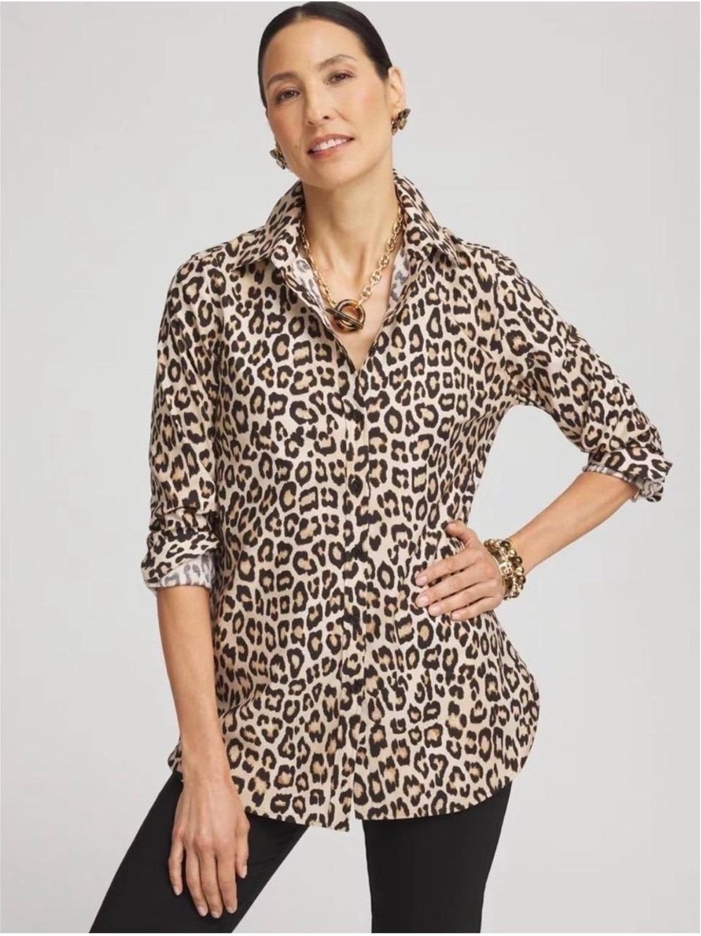 Chico’s - No Iron Leopard Print Button-Front Shirt - size 3